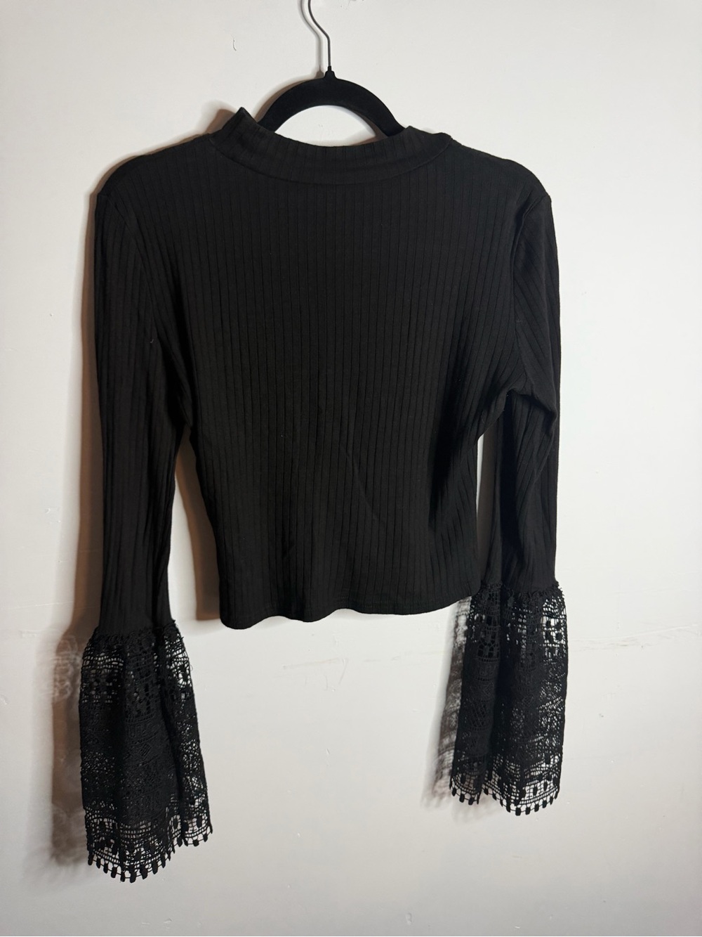 Black Ribbed Long-Sleeve Top with Lace Bell Cuffs